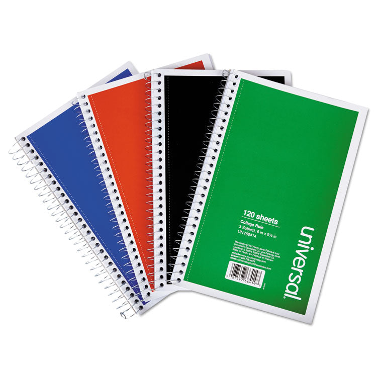 Universal - Wirebound Notebook, 3 Subject, Medium/College Rule, Assorted Covers, 9.5 x 6, 120 Sheets, 4/Pack