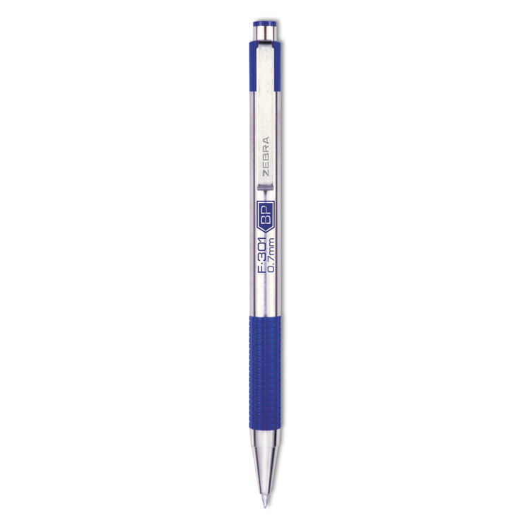 Zebra - F-301 Ballpoint Pen, Retractable, Fine 0.7 mm, Blue Ink, Stainless Steel/Blue Barrel