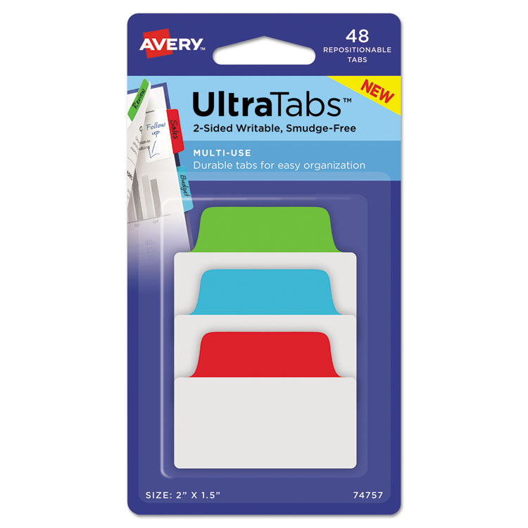 Avery - Ultra Tabs Repositionable Tabs, Standard: 2" x 1.5", 1/5-Cut, Assorted Colors (Blue, Green and Red), 48/Pack