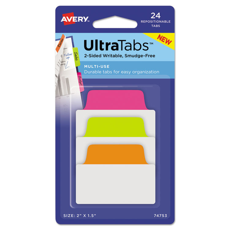 Avery - Ultra Tabs Repositionable Tabs, Standard: 2" x 1.5", 1/5-Cut, Assorted Neon Colors, 24/Pack