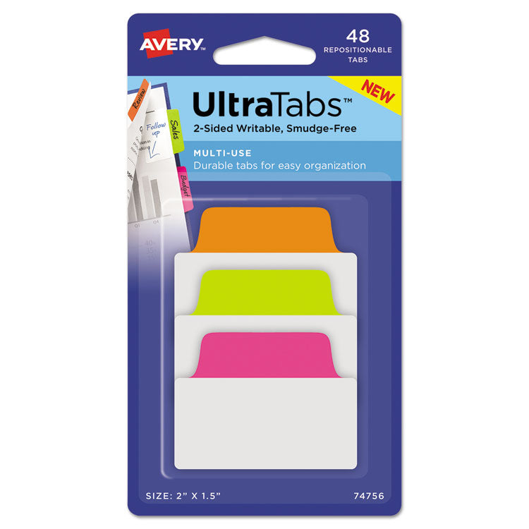 Avery - Ultra Tabs Repositionable Tabs, Standard: 2" x 1.5", 1/5-Cut, Assorted Neon Colors, 48/Pack