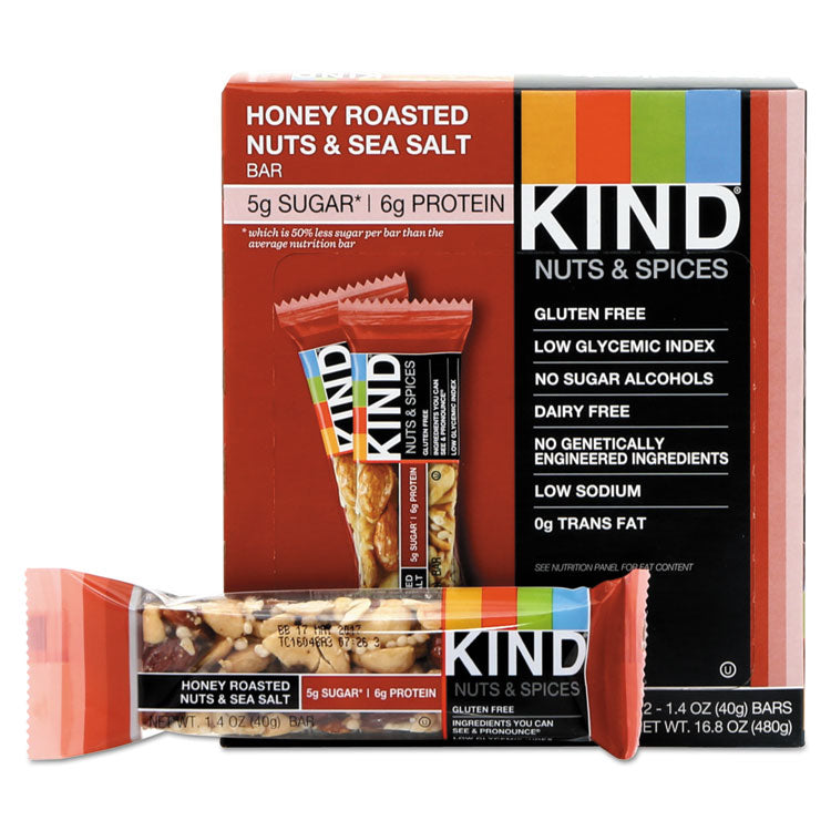 KIND - Nuts and Spices Bar, Honey Roasted Nuts/Sea Salt, 1.4 oz Bar, 12/Box