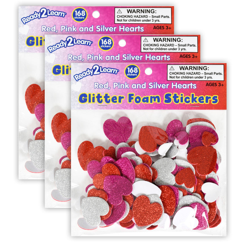 READY 2 LEARN - Glitter Foam Stickers - Hearts - Red, Pink and Silver - 168 Per Pack - 3 Packs