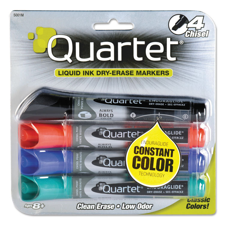 Quartet - EnduraGlide Dry Erase Marker, Broad Chisel Tip, Assorted Colors, 4/Set