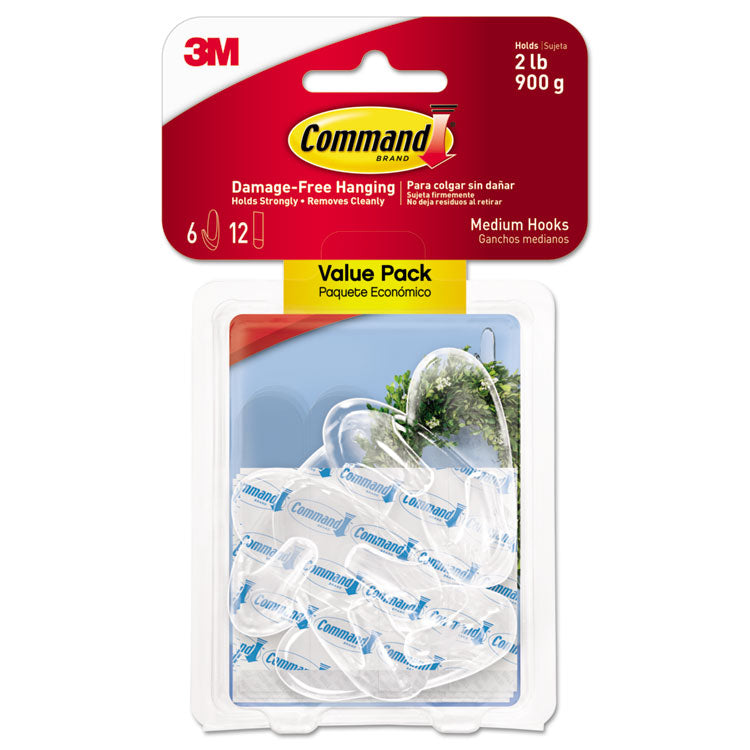 Command - Clear Hooks and Strips, Plastic, Medium, 6 Hooks and 12 Strips/Pack