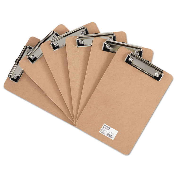 Universal - Hardboard Clipboard with Low-Profile Clip, 0.5" Clip Capacity, Holds 5 x 8 Sheets, Brown, 6/Pack