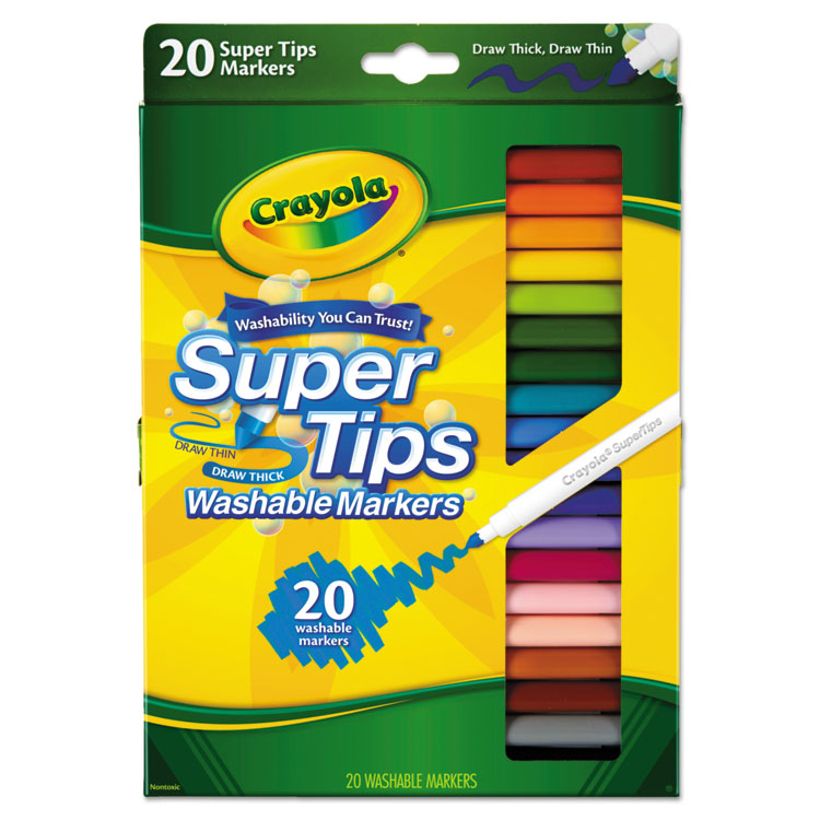 Crayola - Washable Super Tips Markers, Fine/Broad Bullet Tips, Assorted Colors, 20/Set