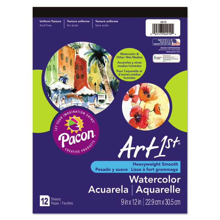 Pacon - Artist Watercolor Paper Pad, Unruled, Yellow Cover, 12 White 9 x 12 Sheets