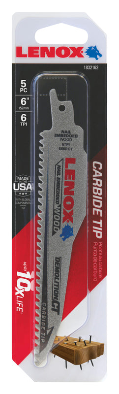 LENOX - Lenox Demolition CT 6 in. Carbide Tipped Reciprocating Saw Blade 6 TPI 5 pk