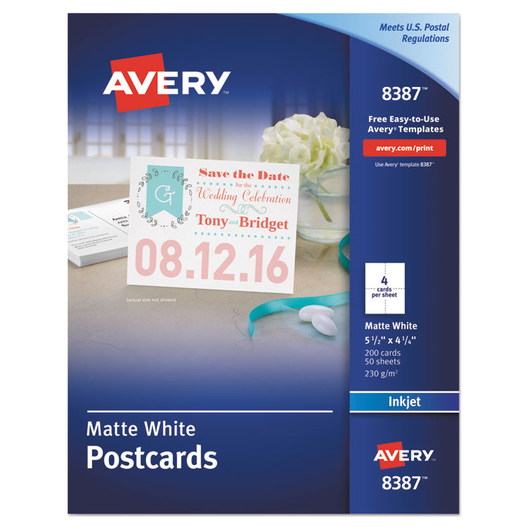 Avery - Postcards for Inkjet Printers, 4 1/4 x 5 1/2, Matte White, 4/Sheet, 200/Box