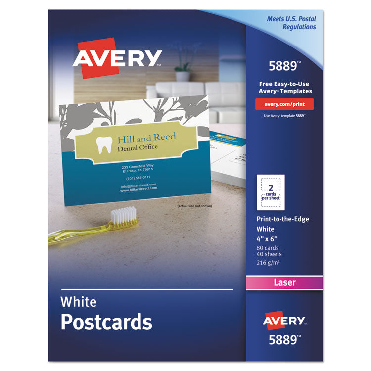 Avery - Printable Postcards, Laser, 80 lb, 4 x 6, Uncoated White, 80 Cards, 2 Cards/Sheet, 40 Sheets/Box