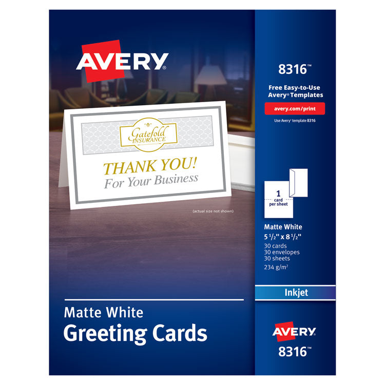 Avery - Half-Fold Greeting Cards with Matching Envelopes, Inkjet, 85 lb, 5.5 x 8.5, Matte White, 1 Card/Sheet, 30 Sheets/Box