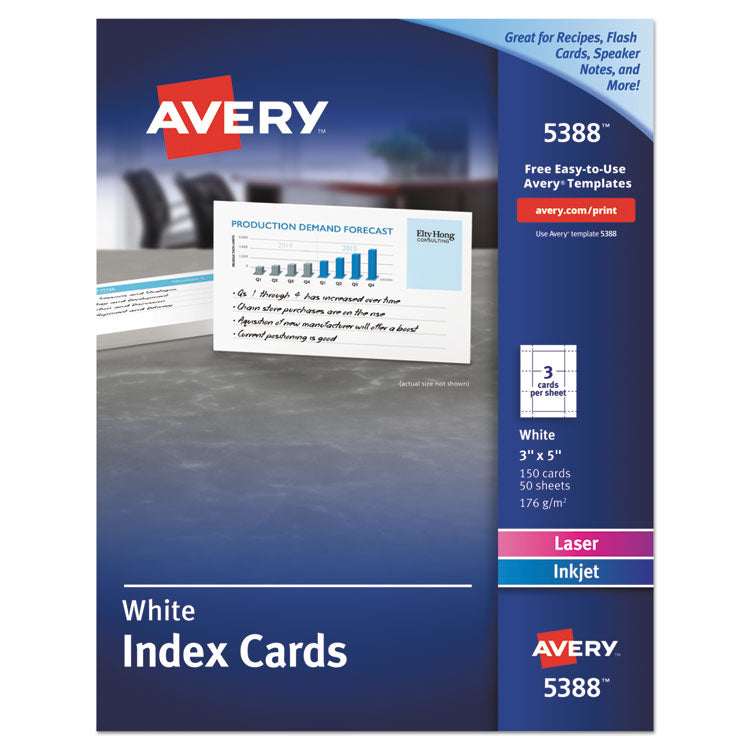 Avery - Printable Index Cards with Sure Feed, Unruled, Inkjet/Laser, 3 x 5, White, 150 Cards, 3 Cards/Sheet, 50 Sheets/Box