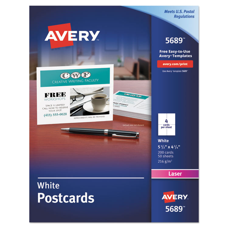 Avery - Postcards for Laser Printers, 4 1/4 x 5 1/2, Uncoated White, 4/Sheet, 200/Box