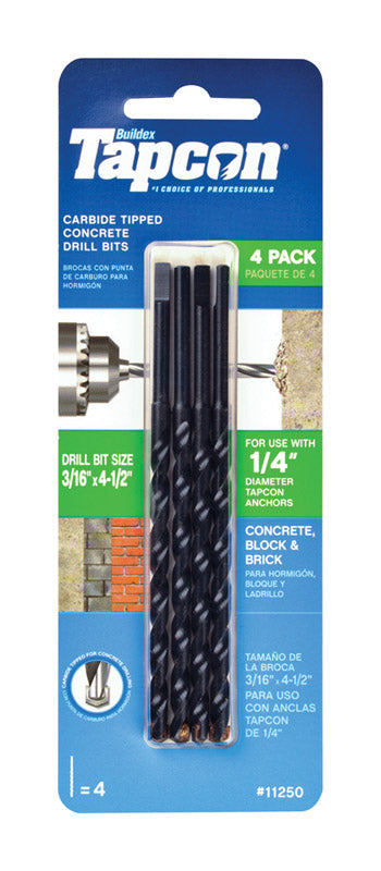 ITW BRANDS - Tapcon 3/16 in. X 4-1/2 in. L Carbide Tipped Concrete Drill Bit Set Straight Shank 4 pk