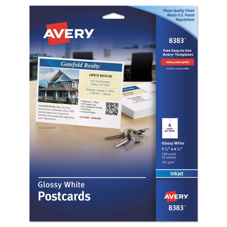 Avery - Photo-Quality Printable Postcards, Inkjet, 74 lb, 4.25 x 5.5, Glossy White, 100 Cards, 4 Cards/Sheet, 25 Sheets/Pack