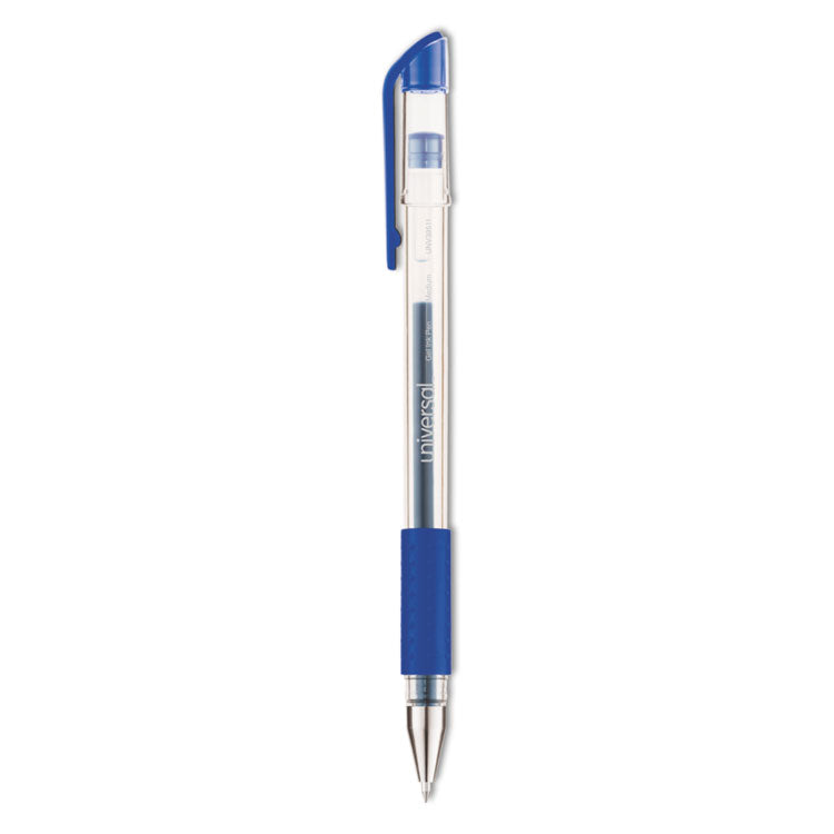 Universal - Comfort Grip Gel Pen, Stick, Medium 0.7 mm, Blue Ink, Clear Barrel, Dozen