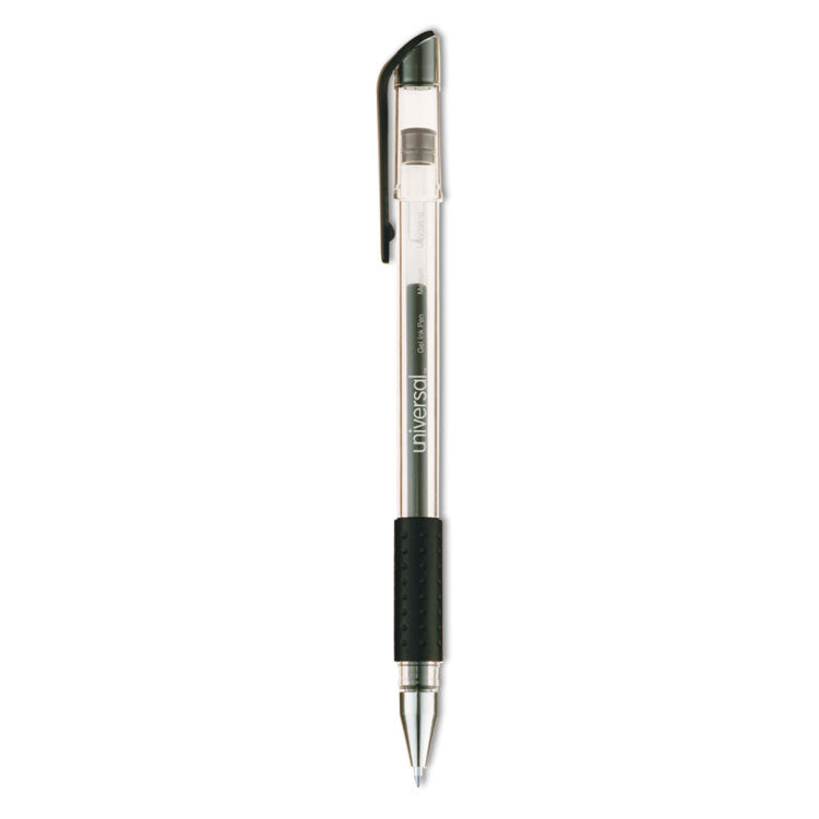 Universal - Comfort Grip Gel Pen, Stick, Medium 0.7 mm, Black Ink, Clear Barrel, Dozen