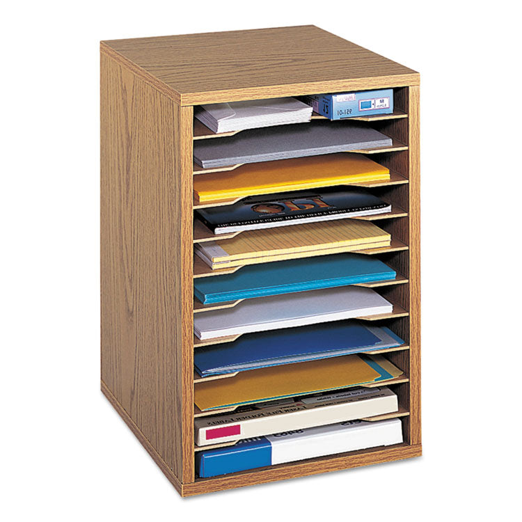 Safco - Wood Vertical Desktop Sorter, 11 Compartments, 10.63 x 11.88 x 16, Medium Oak