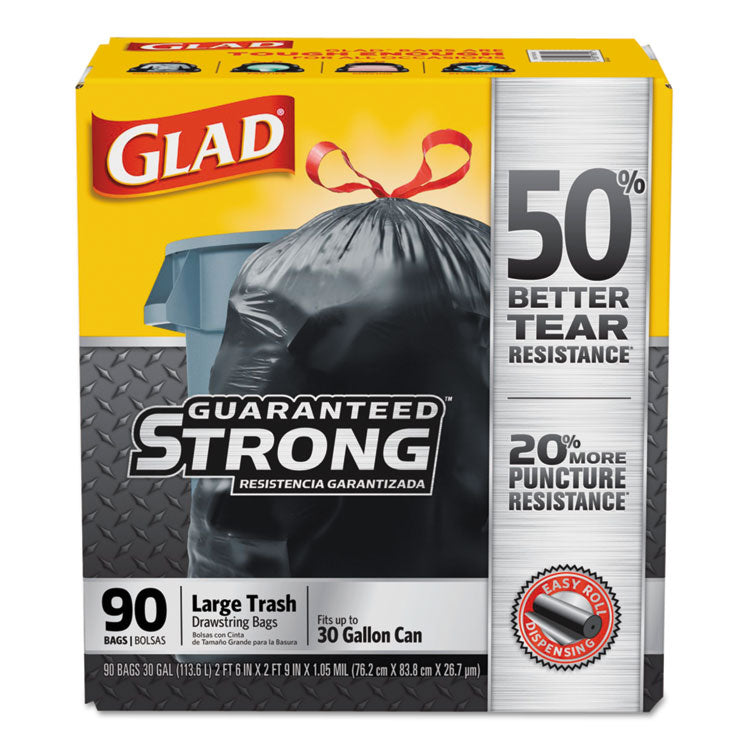 Glad - Drawstring Large Trash Bags, 30 gal, 1.05 mil, 30" x 33", Black, 90/Carton (7887110)