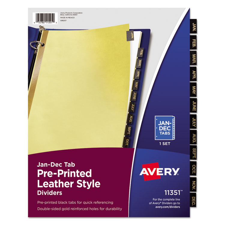 Avery - Preprinted Black Leather Tab Dividers w/Gold Reinforced Edge, 12-Tab, Ltr