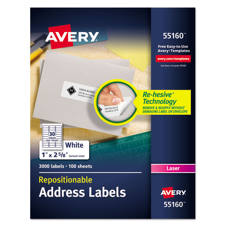 Avery - Repositionable Address Labels w/SureFeed, Laser, 1 x 2 5/8, White, 3000/Box