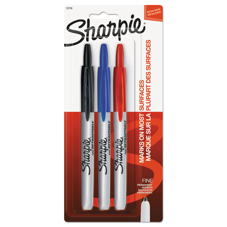 Sharpie - Retractable Permanent Marker, Fine Bullet Tip, Assorted Colors, 3/Set