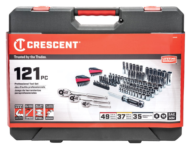 CRESCENT - Crescent 1/4 and 3/8 in. drive Metric and SAE 6 and 12 Point Mechanic's Tool Set 121 pc