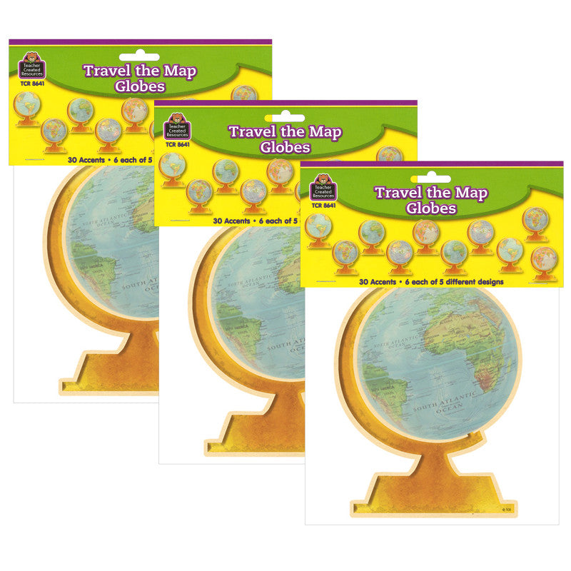 TEACHER CREATED RESOURCES - Travel The Map Globes Accents, 30 Per Pack, 3 Packs