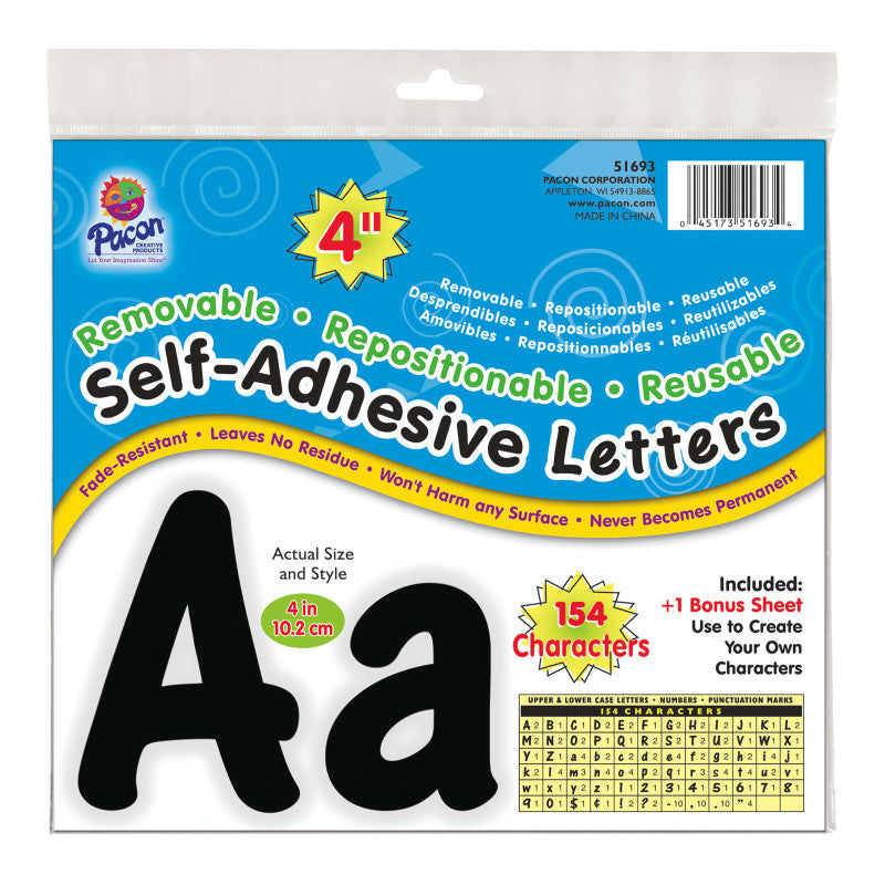 PACON - Self-Adhesive Letters, Black, Cheery Font, 4", 154 Characters