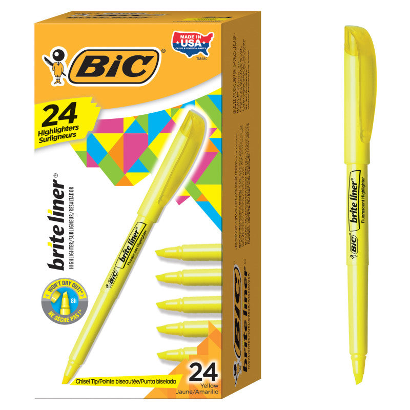 BIC - Brite Liner Highlighters Markers, Chisel Tip Super Bright Yellow Fluorescent Highlighters Ink, Won't Dry Out, 24-Count Pack