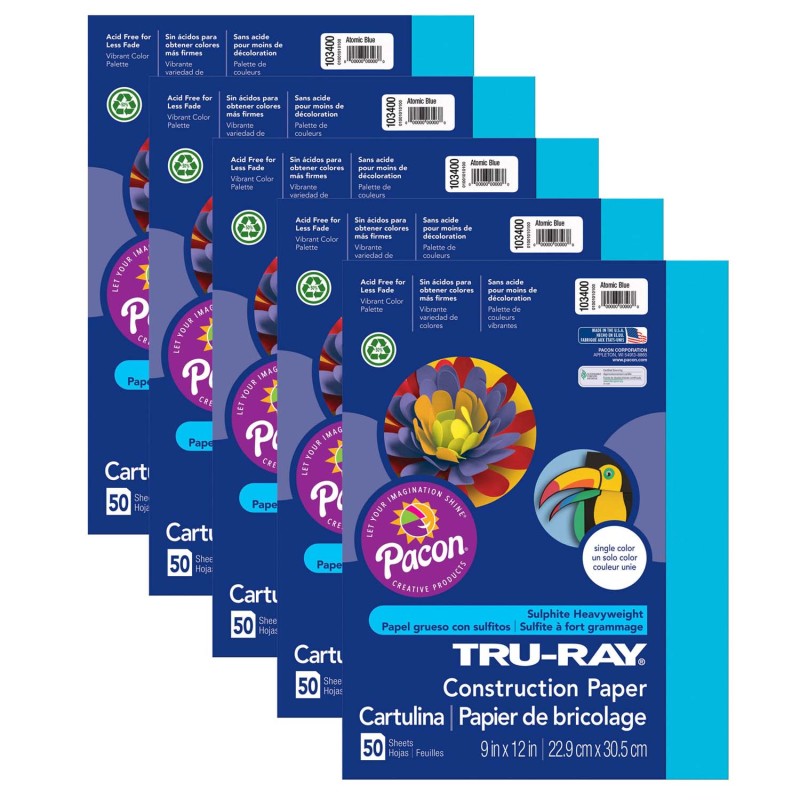 TRU-RAY - Construction Paper, Atomic Blue, 9" x 12", 50 Sheets Per Pack, 5 Packs