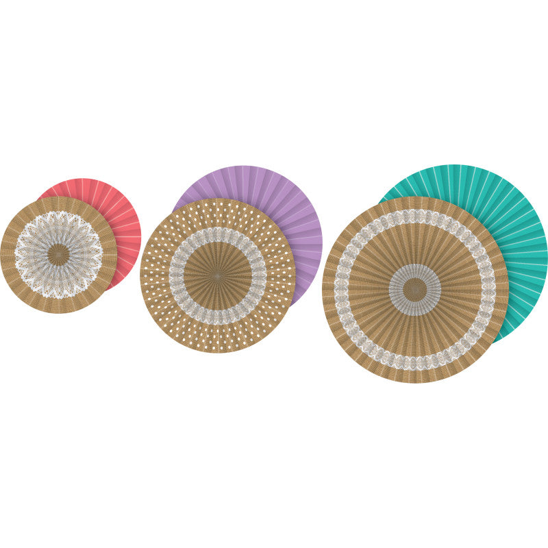 TEACHER CREATED RESOURCES - Shabby Chic Burlap Design Hanging Paper Fans, 3 Per Pack, 3 Packs