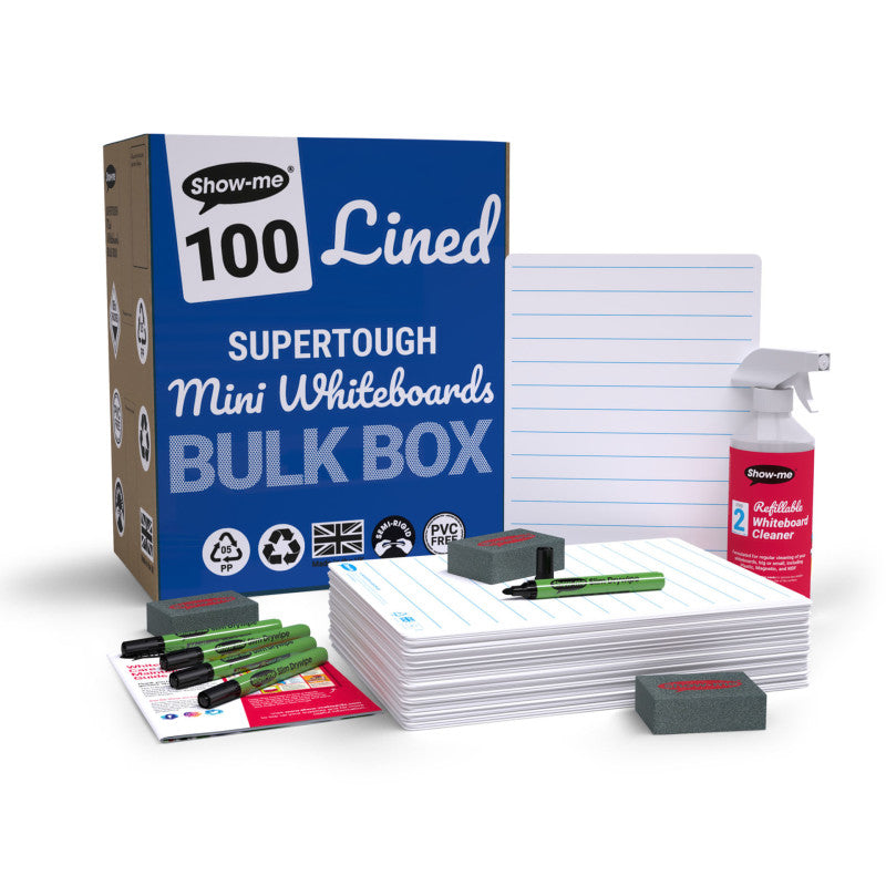 Bulk Box of 100 x Lined/Plain SUPERTOUGH 8" x 12" Lapboards, with Pens, Erasers, Cleaner
