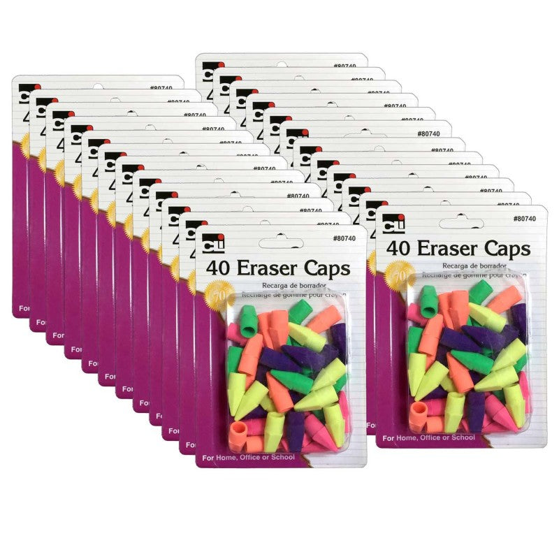 CHARLES LEONARD - Pencil Eraser Caps, Assorted Colors, 40 Per Pack, 24 Packs