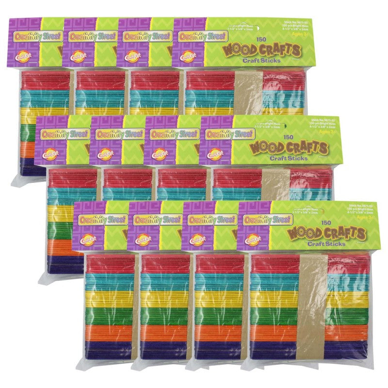 CREATIVITY STREET - Regular Craft Sticks, Bright Hues Assorted, 4 1/2" x 3/8" x 2mm, 150 Per Pack, 12 Packs