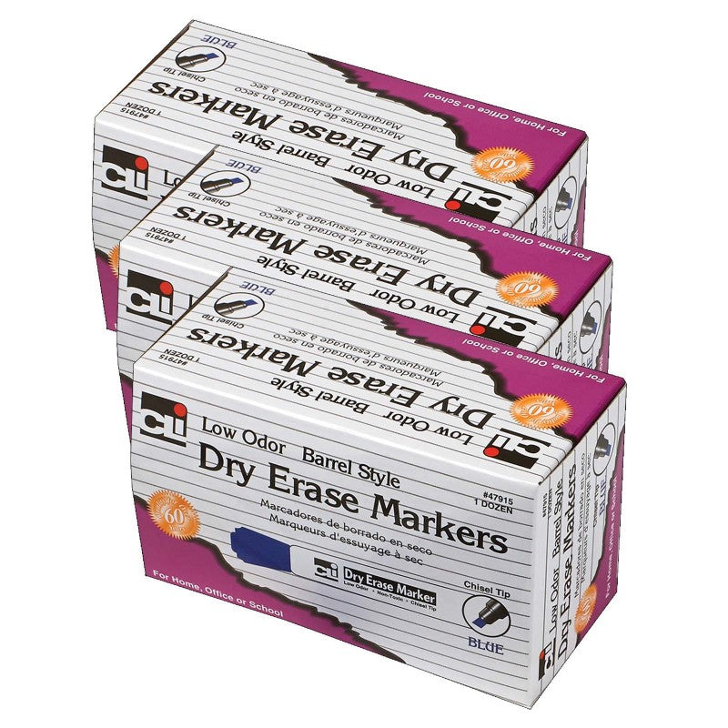 CHARLES LEONARD - Dry Erase Markers, Barrel Style, Chisel Tip, Blue, 12 Per Pack, 3 Packs