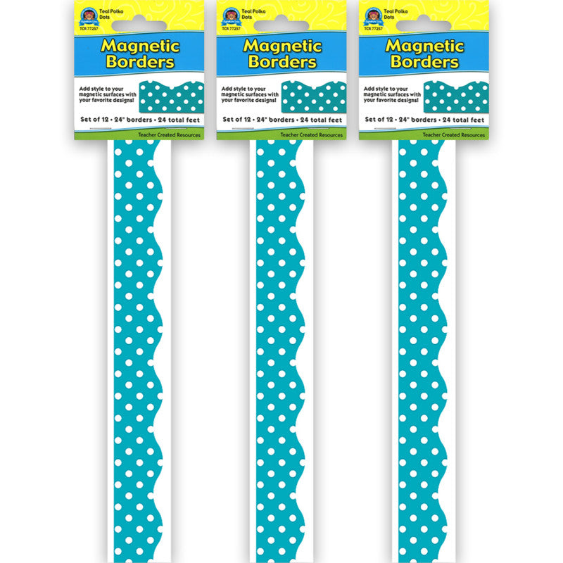 TEACHER CREATED RESOURCES - Teal Polka Dots Magnetic Border, 24 Feet Per Pack, 3 Packs