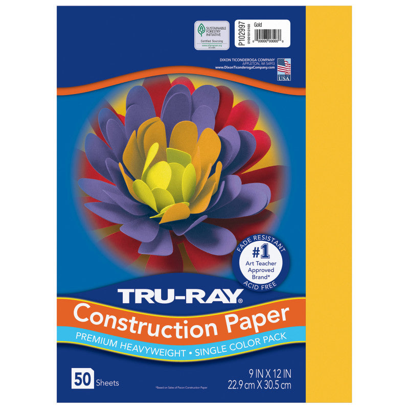 Construction Paper, Heavyweight, Gold, 9" x 12", 50 Sheets