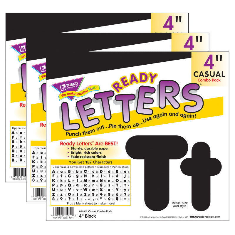 TREND - Black 4-Inch Casual Uppercase/Lowercase Combo Pack Ready Letters®, 182 Per Pack, 3 Packs
