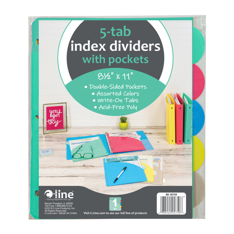 5-Tab Poly Index Dividers w/Slant Pocket, Asstd Colors