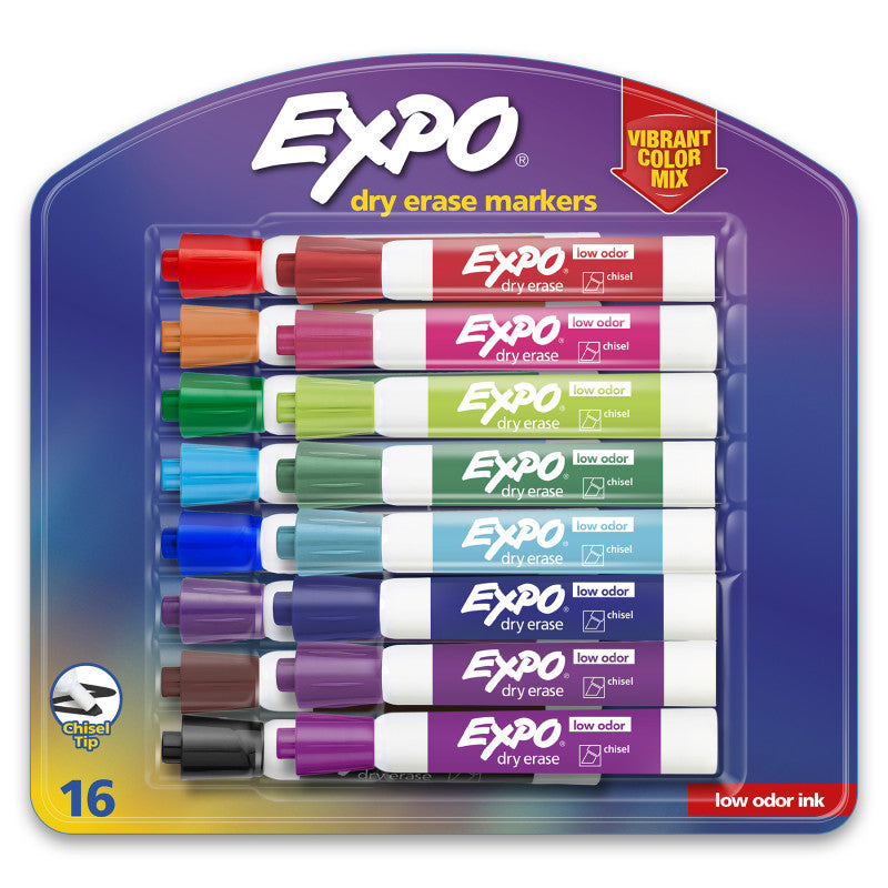 EXPO - Low Odor Dry Erase Markers, Chisel Tip, Vibrant Colors, 16 Count