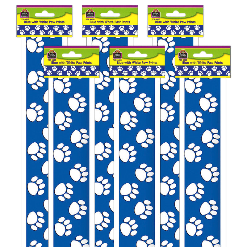 TEACHER CREATED RESOURCES - Blue with White Paw Prints Border Trim, 35 Feet Per Pack, 6 Packs