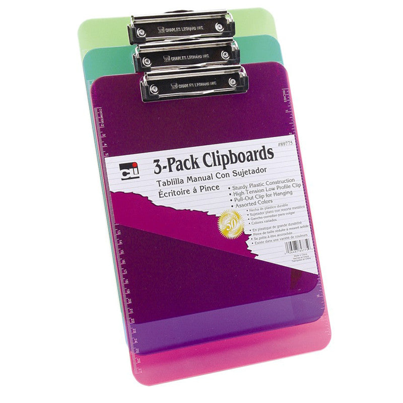 CHARLES LEONARD - Plastic Clipboard w/Low Profile Clip, Letter, Assorted Translucent Neon Colors, Pack of 3