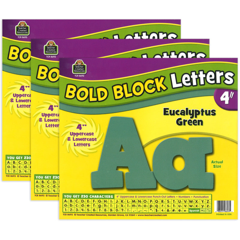 TEACHER CREATED RESOURCES - Eucalyptus Green 4" Bold Block Letters Combo, 230 Pack Per Pack, 3 Packs
