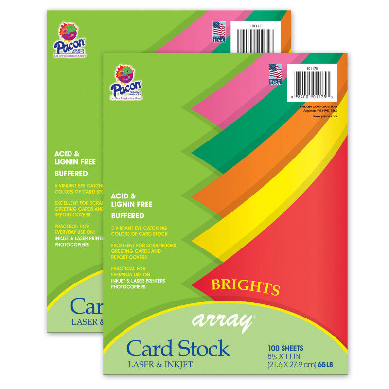 PACON - Bright Card Stock, 5 Assorted Colors, 8-1/2" x 11", 100 Sheets Per Pack, 2 Packs