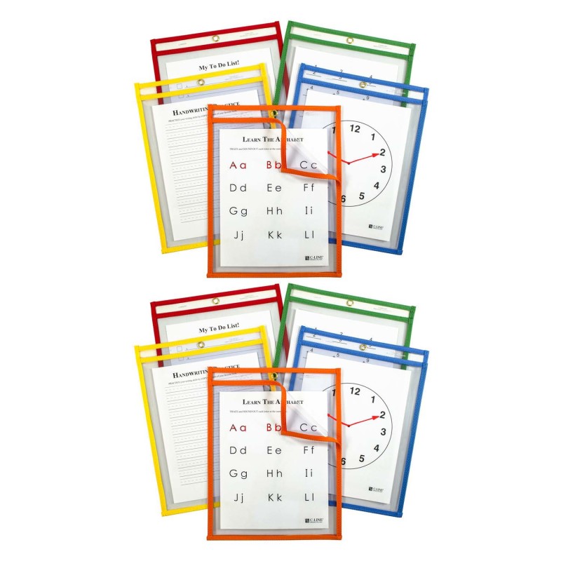 C-LINE - Super Heavyweight Plus Reusable Dry Erase Pockets - Study Aid, Assorted Primary Colors, 9 x 12, 5 Per Pack, 2 Packs