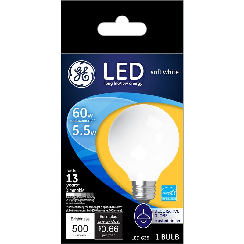 GE - GE G25 E26 (Medium) LED Bulb Soft White 60 Watt Equivalence 1 pk