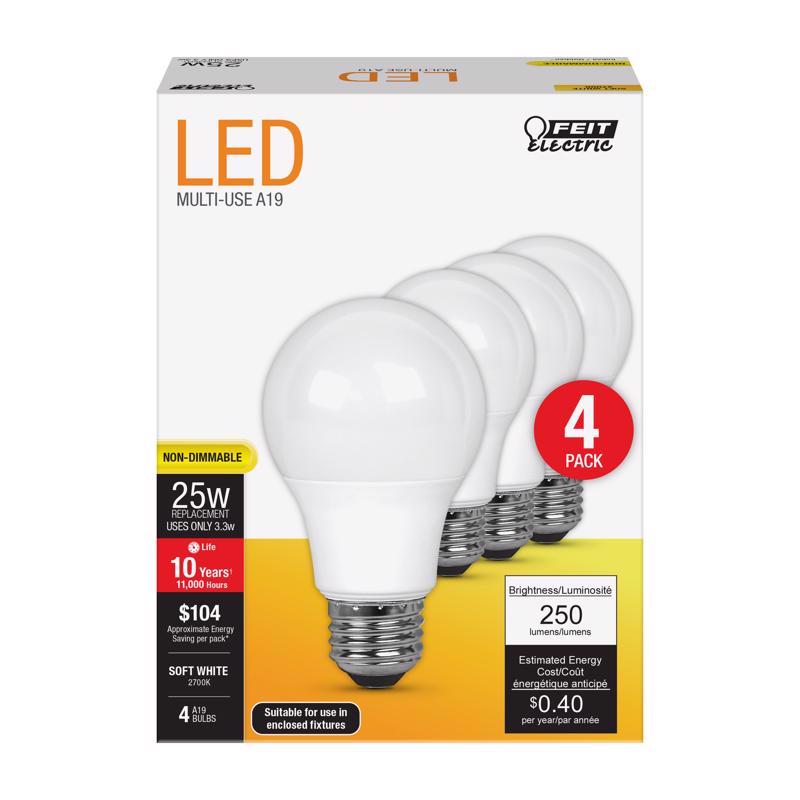 FEIT - Feit LED A19 E26 (Medium) LED Bulb Soft White 25 Watt Equivalence 4 pk