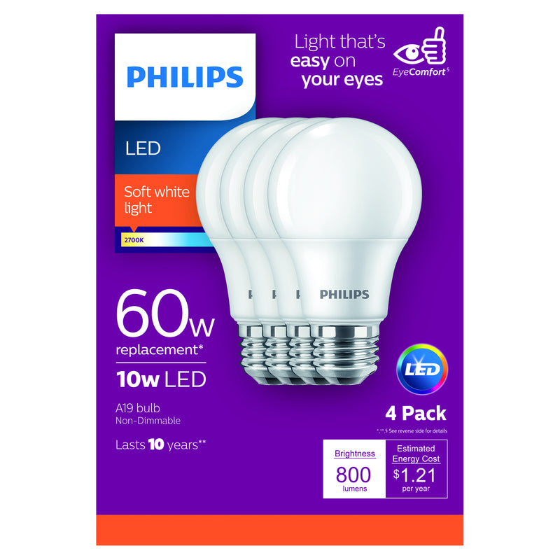 PHILIPS - Philips A19 E26 (Medium) LED Bulb Soft White 60 Watt Equivalence 4 pk [461129]